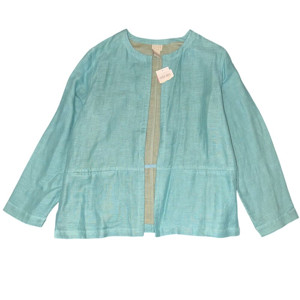 Sigrid Olsen NWT Linen Open Jacket Turquoise Med Coastal Minimalist Cardigan